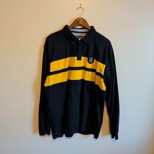 Tommy Hilfiger Rugby Polo Mens XXL Navy Blue Yellow Striped Long Sleeve Crest